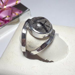 Estate 12mm Rutilated Quartz Bezel dou hammered Sterling Silver Band Ring #16875